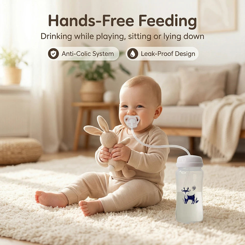 Smart 3-in-1 Baby Feeding Bottle – 300ml BPA-Free Hands-Free Anti-Colic Milk Bottle with Flexible Tube System